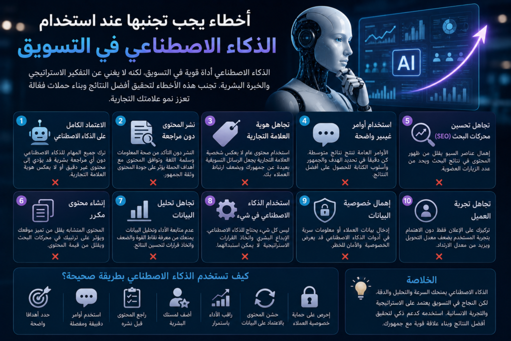 أخطاء الذكاء الاصطناعي في التسويق: نصائح عملية للمبتدئين والمحترفين